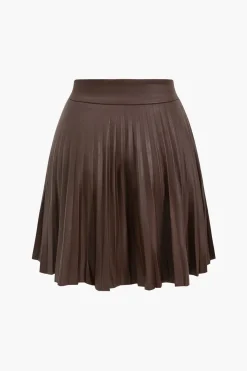 MICAS Skirts-Faux Leather Button Pleated Skirt BROWN
