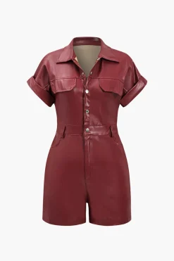 MICAS Jumpsuits & Rompers-Faux Leather Button Pocket Romper BURGUNDY