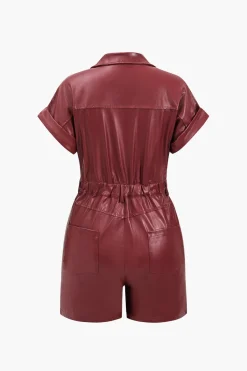 MICAS Jumpsuits & Rompers-Faux Leather Button Pocket Romper BURGUNDY