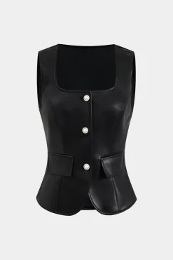 MICAS Tank Tops & Cami-Faux Leather Button Tank Top BLACK