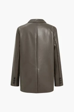 MICAS Outerwear|Outerwear-Faux Leather Buttoned Notched Lapel Blazer BROWN