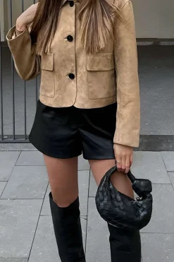 MICAS Outerwear|Outerwear-Faux Leather Collar Pocket Jacket TAN