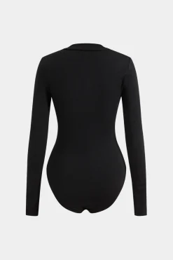 MICAS Bodysuits-Faux Leather Crossed V-Neck Long Sleeve Bodysuit BLACK