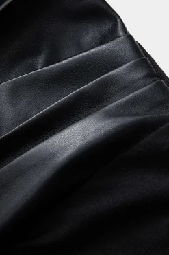 MICAS Bodysuits-Faux Leather Crossed V-Neck Long Sleeve Bodysuit BLACK