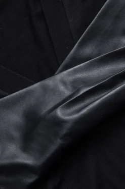 MICAS Bodysuits-Faux Leather Crossed V-Neck Long Sleeve Bodysuit BLACK