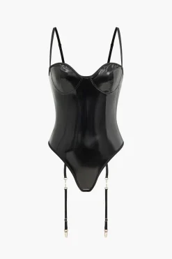 MICAS Lingerie & Sleepwear-Faux Leather Cut Out Lingerie Garter Set BLACK