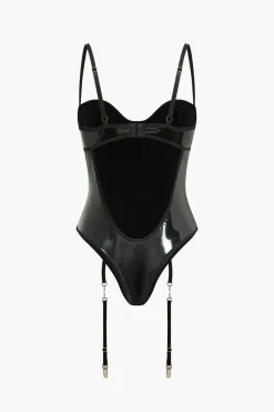 MICAS Lingerie & Sleepwear-Faux Leather Cut Out Lingerie Garter Set BLACK