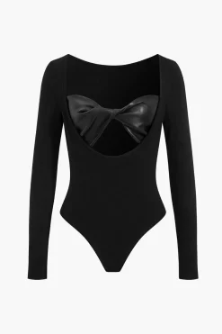 MICAS Bodysuits-Faux Leather Cut Out Long Sleeve Bodysuit