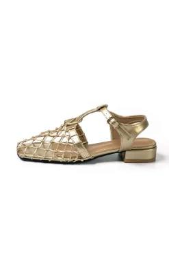 MICAS Shoes|Shoes-Faux Leather Cut Out Square Toe Low Heel Sandals PURE GOLD