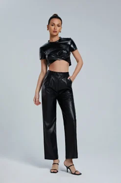MICAS Pants-Faux Leather Elastic Waistband Straight Leg Pants BLACK
