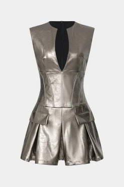 MICAS Mini Dresses-Faux Leather Fake Pocket V-Neck Sleeveless Mini Dress CHAMPAGNE