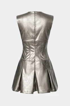 MICAS Mini Dresses-Faux Leather Fake Pocket V-Neck Sleeveless Mini Dress CHAMPAGNE
