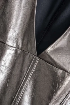 MICAS Mini Dresses-Faux Leather Fake Pocket V-Neck Sleeveless Mini Dress CHAMPAGNE