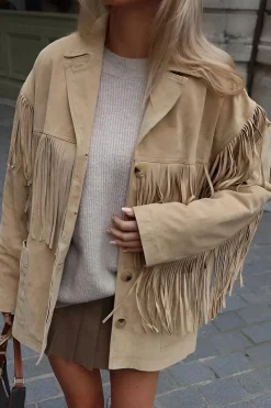 MICAS Outerwear|Outerwear-Faux Leather Fringe Jacket BEIGE