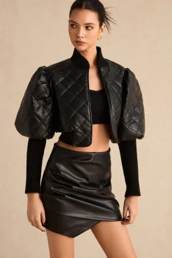 MICAS Outerwear|Outerwear-Faux Leather Gigot Sleeve Cropped Jacket BLACK