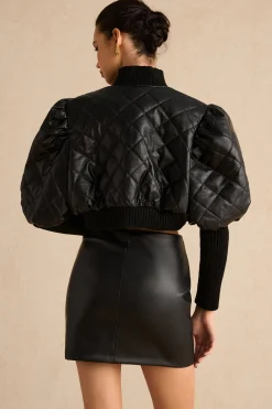 MICAS Outerwear|Outerwear-Faux Leather Gigot Sleeve Cropped Jacket BLACK