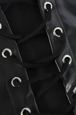 MICAS Tank Tops & Cami-Faux Leather Halter Lace-Up Top BLACK