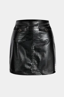 MICAS Skirts-Faux Leather High Waist Button Pocket Skirt BLACK