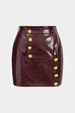 MICAS Skirts-Faux Leather High Waist Metallic Button Skirt BURGUNDY