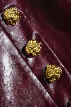 MICAS Skirts-Faux Leather High Waist Metallic Button Skirt BURGUNDY