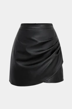 MICAS Skirts-Faux Leather High Waist Ruched Skirt BLACK