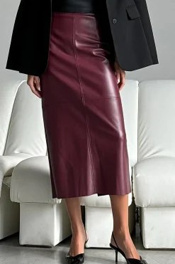 MICAS Skirts-Faux Leather High Waist Split Skirt BURGUNDY
