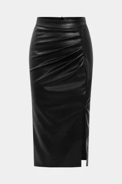 MICAS Skirts-Faux Leather High Waist Side Slit Ruched Skirt BLACK