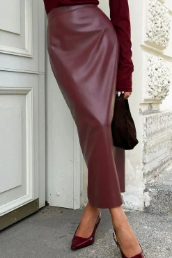 MICAS Skirts-Faux Leather High Waist Slit Skirt BURGUNDY