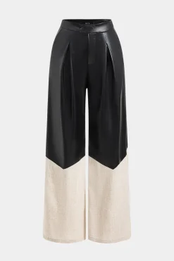MICAS Pants-Faux Leather Linen High Waist Patchwork Trousers BLACK