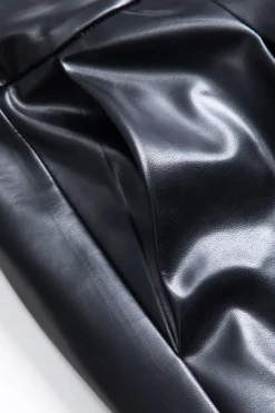 MICAS Pants-Faux Leather Linen High Waist Patchwork Trousers BLACK