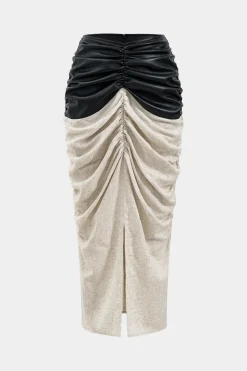 MICAS Skirts-Faux Leather Linen Patchwork Ruched Skirt WHEAT