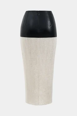 MICAS Skirts-Faux Leather Linen Patchwork Ruched Skirt WHEAT