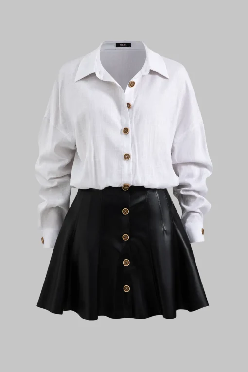 MICAS Long Sleeve Dresses|Mini Dresses-Faux Leather Linen Patchwork Button Long Sleeve Mini Dress WHITE