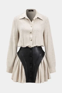 MICAS Long Sleeve Dresses|Mini Dresses-Faux Leather Linen Tie Front Button Patchwork Long Sleeve Mini Dress BEIGE