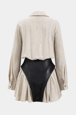 MICAS Long Sleeve Dresses|Mini Dresses-Faux Leather Linen Tie Front Button Patchwork Long Sleeve Mini Dress BEIGE