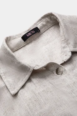 MICAS Long Sleeve Dresses|Mini Dresses-Faux Leather Linen Tie Front Button Patchwork Long Sleeve Mini Dress BEIGE