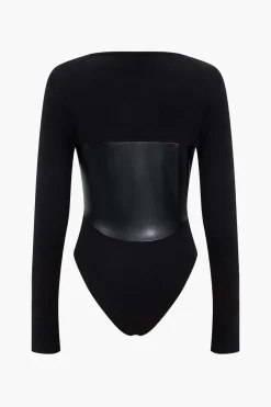 MICAS Bodysuits-Faux Leather Long Sleeve Patchwork Bodysuit BLACK