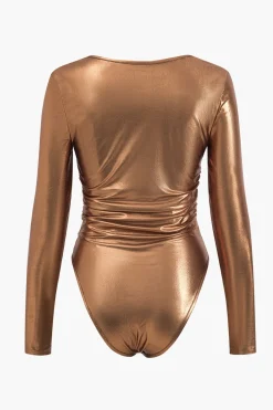 MICAS Bodysuits-Faux Leather Long Sleeve Cowl Neck Bodysuit CHOCOLATE