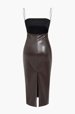 MICAS Midi Dresses-Faux Leather Low Back Slit Midi Dress BROWN
