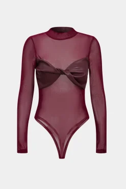 MICAS Bodysuits-Faux Leather Mesh Patchwork Twist Knot Long Sleeve Bodysuit BURGUNDY