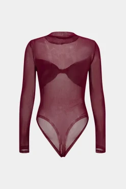 MICAS Bodysuits-Faux Leather Mesh Patchwork Twist Knot Long Sleeve Bodysuit BURGUNDY