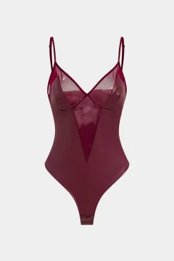 MICAS Bodysuits-Faux Leather Mesh Patchwork Sleeveless Bodysuit BURGUNDY