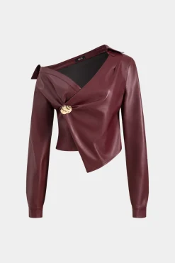 MICAS Outerwear|Outerwear-Faux Leather Metallic Asymmetrical Neck Long Sleeve Jacket BURGUNDY