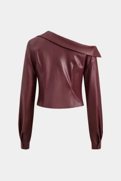 MICAS Outerwear|Outerwear-Faux Leather Metallic Asymmetrical Neck Long Sleeve Jacket BURGUNDY