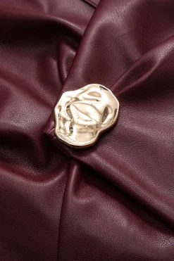 MICAS Outerwear|Outerwear-Faux Leather Metallic Asymmetrical Neck Long Sleeve Jacket BURGUNDY