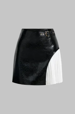 MICAS Skirts-Faux Leather Metallic Patchwork Mini Skirt BLACK