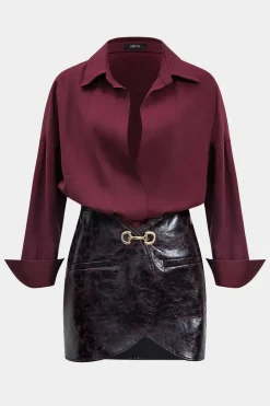 MICAS Long Sleeve Dresses|Mini Dresses-Faux Leather Metallic Patchwork Long Sleeve Mini Dress BURGUNDY