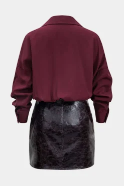 MICAS Long Sleeve Dresses|Mini Dresses-Faux Leather Metallic Patchwork Long Sleeve Mini Dress BURGUNDY