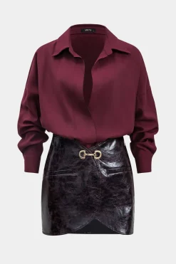 MICAS Long Sleeve Dresses|Mini Dresses-Faux Leather Metallic Patchwork Long Sleeve Mini Dress BURGUNDY