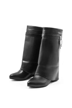MICAS Shoes|Boots-Faux Leather Metallic Zipper Round Toe Mid Calf Boots BLACK
